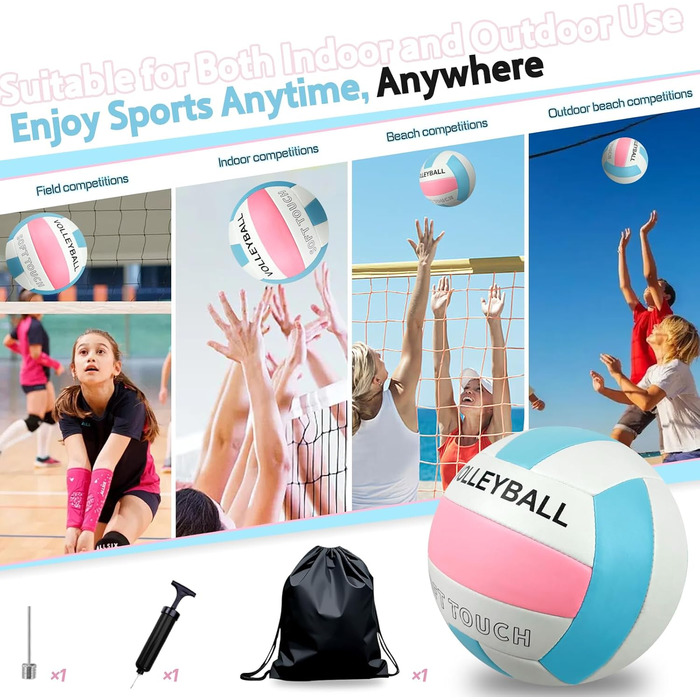 Волейбольний м'яч для пляжу та залу: м'який дотик, розмір 5, з рюкзаком та насосом, Puderblau та білий