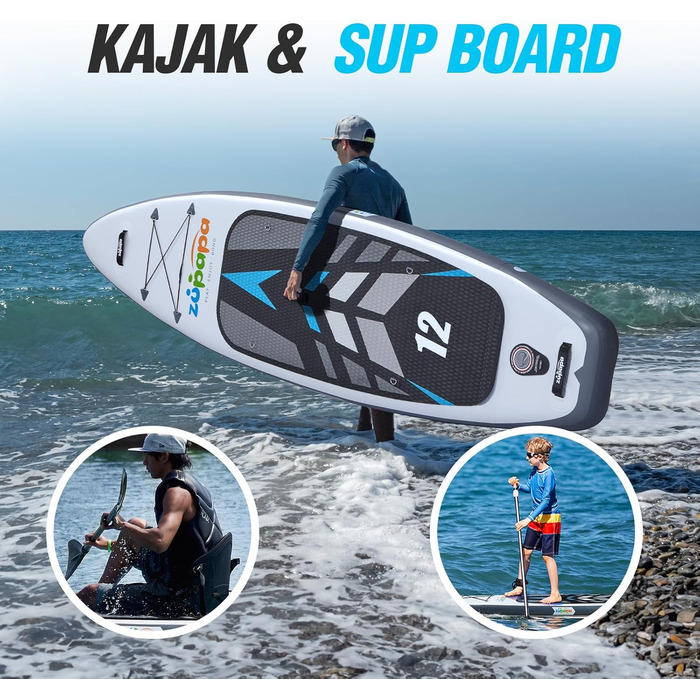 Надувне SUP-борд Zupapa 366см/320см (12ft) з аксесуарами | Stand Up Paddle Board з сидінням для каяка | Чорно-біло-сірий комплект