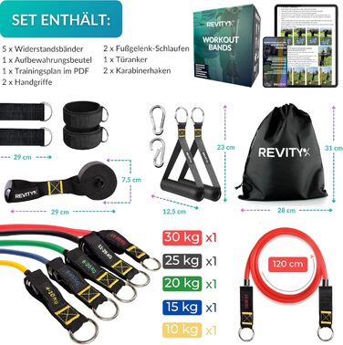 Стрічки для силових тренувань Widerstandsbänder 5 шт. - Набір еластичних стрічок з ручками для тренувань всього тіла з планом тренувань PDF - Натуральний латекс, довговічні, універсальні фітнес-стрічки для жінок та чоловіків