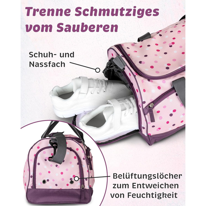 Дитяча спортивна сумка Kinder Sporttasche 25 л для дівчаток - рожево-фіолетовий принт, з відділенням для взуття та мокрих речей, регульований плечовий ремінь