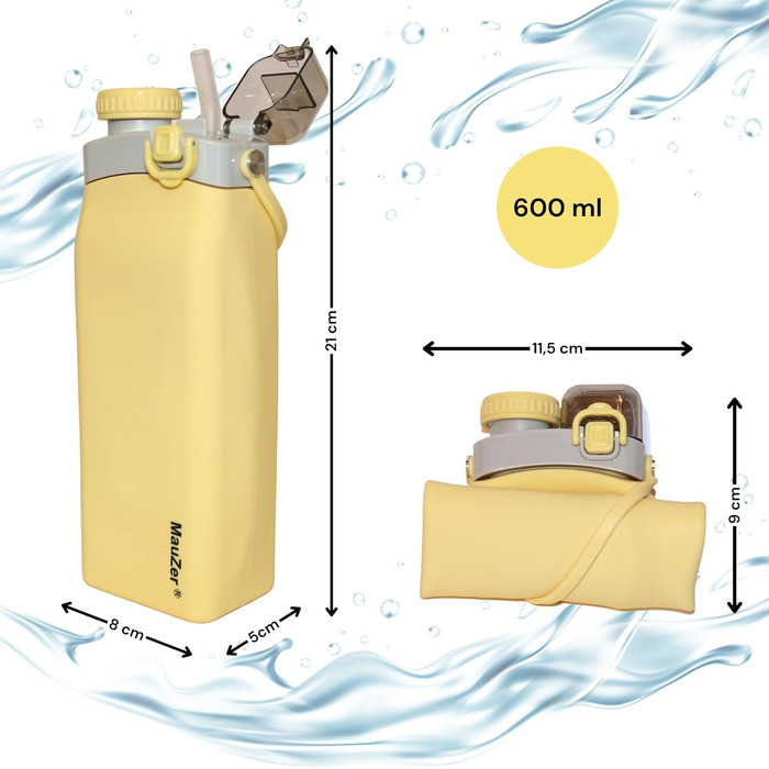 Складана пляшка для води Mauzer® з трубочкою - 600 мл, силікон, без BPA, для дітей, спорту, подорожей, кемпінгу, фестивалів (жовта)