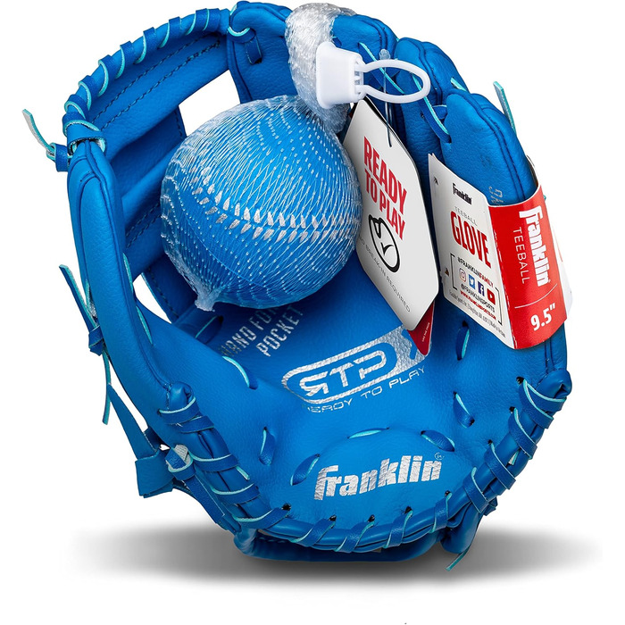 Рукавичка для бейсболу Franklin Sports RTP Kinder Teeball (24,1 см, права рука, королівський синій) + м'яч - дитячий набір для ті-болу для хлопчиків та дівчаток