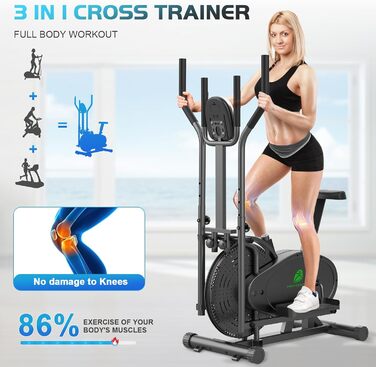 Еліптичний тренажер 2 в 1 з функцією степпера для дому, чорний. З LCD-монітором та регулюванням опору.