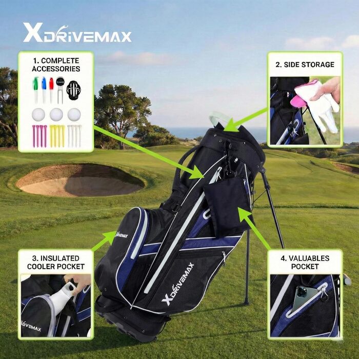 Легка сумка для гольфу Standbag з 8 відділеннями для чоловіків та жінок, преміум-якість, з дощовим чохлом та набором аксесуарів (Блакитна)