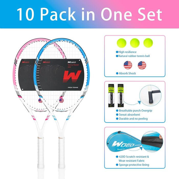 Тенісна ракетка для дорослих, 2 шт. для гри вдвох, 69 см, швидка, підходить для початківців та професіоналів, з 3 тенісними м'ячами, 2 демпферами вібрації, 2 оверґріпами, сумка для тенісу (рожево-блакитна)