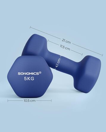 Гантелі SONGMICS 2 x 5 кг, неопрено́ві, шестигранні, набір для силових тренувань вдома, сині