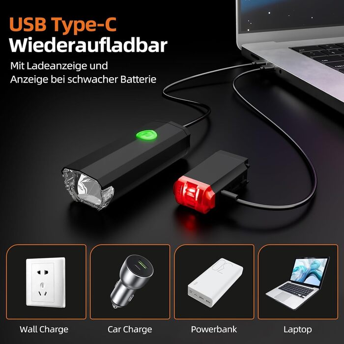 Набір переднього та заднього велоліхтаря LED USB, StVZO, IPX6, чорний+червоний