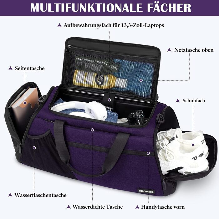 Спортивна сумка чоловіча 40L, рюкзак-трансформер з відділенням для взуття та мокрих речей, водонепроникна, для тренувань, подорожей, універсальна (фіолетовий)