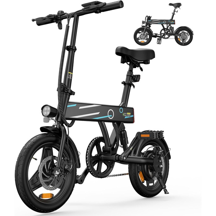 Складаний електровелосипед Finbike 14/16 дюймів, 250 Вт, акумулятор 7.8Ah, швидка зарядка 3 год, 3 режими їзди, запас ходу до 45 км, для дорослих і підлітків