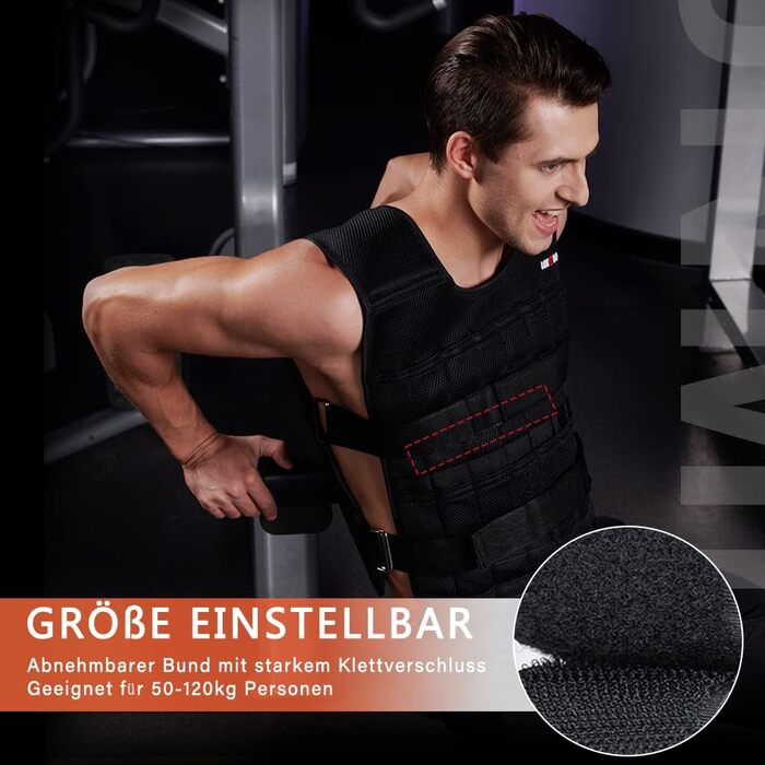 Регульована жилетка з вагою 20 кг (з 96-100 сталевими стержнями), з манжетами для зап'ясть та щиколоток, тренувальна жилетка для силових тренувань та кросфіту