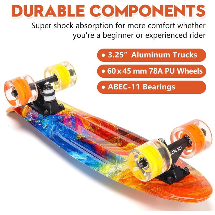 Скейтборд CLYCTIP Mini Cruiser 22 дюйми з підсвічуванням та ABEC-11 підшипниками для дітей та початківців (різнокольоровий)