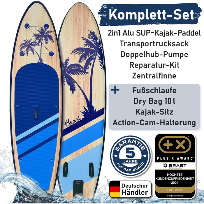 Надувний SUP Борд BRAST Tropic | Комплект для станд-ап паддлбордингу | 320x81x15см | 6 дизайнів | 5 років гарантії | з аксесуарами | 2в1: SUP та каяк, крісло, тримач Action-Cam, петля для ніг, насос, рюкзак (Блакитний)