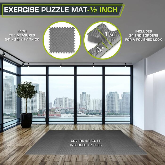 Підлоговий килимок ProsourceFit Puzzle 12 плиток 48 кв. футів, EVA-піна, 12 мм, для домашнього спортзалу, тренувань та дитячої кімнати, сірий