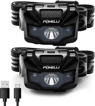 Foxelli LED налобний ліхтар з акумулятором – Ultraleichte перезарядна налобний ліхтар з червоним світлом для дорослих та дітей, для бігу, джогінгу, читання, риболовлі, велосипеда, кемпінгу, піших прогулянок та активного відпочинку 2 шт. Чорний