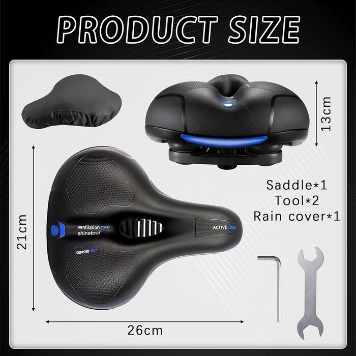Комфортний велосипедний сідло, гелевий, широкий, м'який, дихаючий, амортизуючий, ергономічний, з водонепроникним чохлом та інструментами для встановлення, 26 * 21.5 см, блакитний