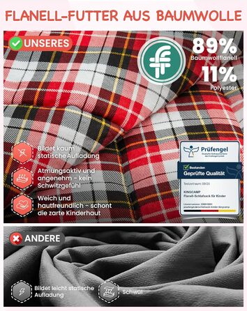 Сплячий мішок KingCamp для дітей з фланелі, легкий, водонепроникний, компактний, зимовий, 4 сезони, для кемпінгу, підходить для дітей до 140 см, комфортна температура: 7°C (червоний)