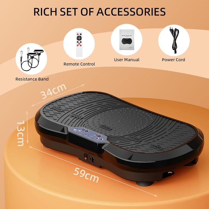 Вібраційна платформа TLGREEN з надтихим мотором, 120 рівнів + 10 програм тренувань, з пультом дистанційного керування, тренувальні гумки, для тренувань всього тіла, схуднення, L-59x34x13cm, чорний