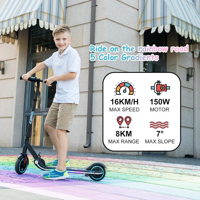 Дитячий електросамокат RCB, 150 Вт, до 16 км/год, складаний, з LED-підсвіткою та дисплеєм, для дітей 6-12 років, подарунок для підлітків