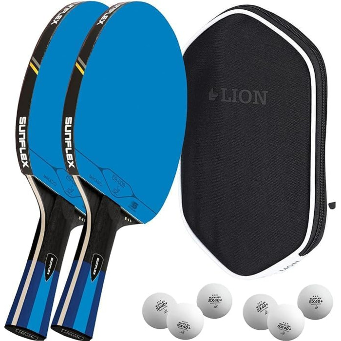 Sunflex Color COMP B45 професійна ракетка для настільного тенісу, ITTF сертифікат, синя накладка, конкавна ручка, комплект: гаманець, м'ячі, додаткова ракетка
