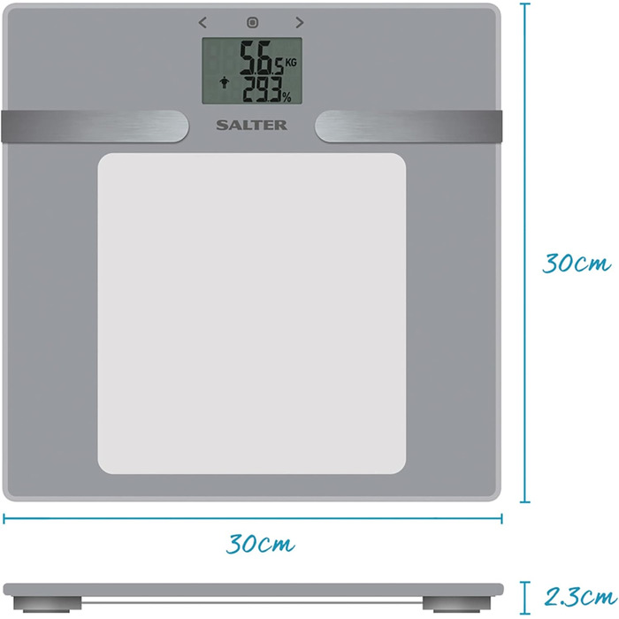Скляна цифрова вага Salter 9194 SV3R для аналізу тіла, LCD-дисплей, до 180 кг, вимірювання жиру, води, м'язової та кісткової маси, ІМТ, BMR, 10 користувачів, спортивний режим, срібляста