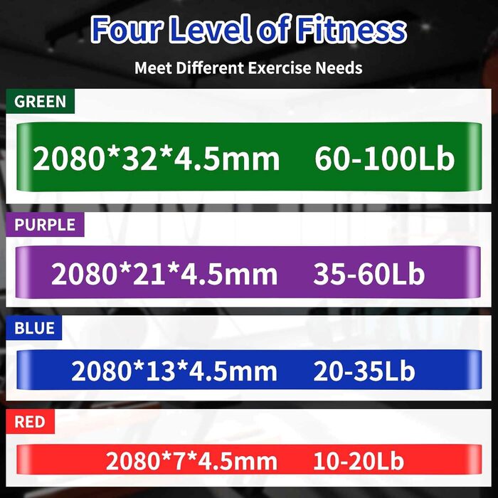 Еластичні стрічки для фітнесу Widerstandsbänder 4 рівні, 4 шт. для силових тренувань, розтяжки, калістеніки, кросфіту, пілатесу, йоги, з дверним фіксатором та сумкою для зберігання