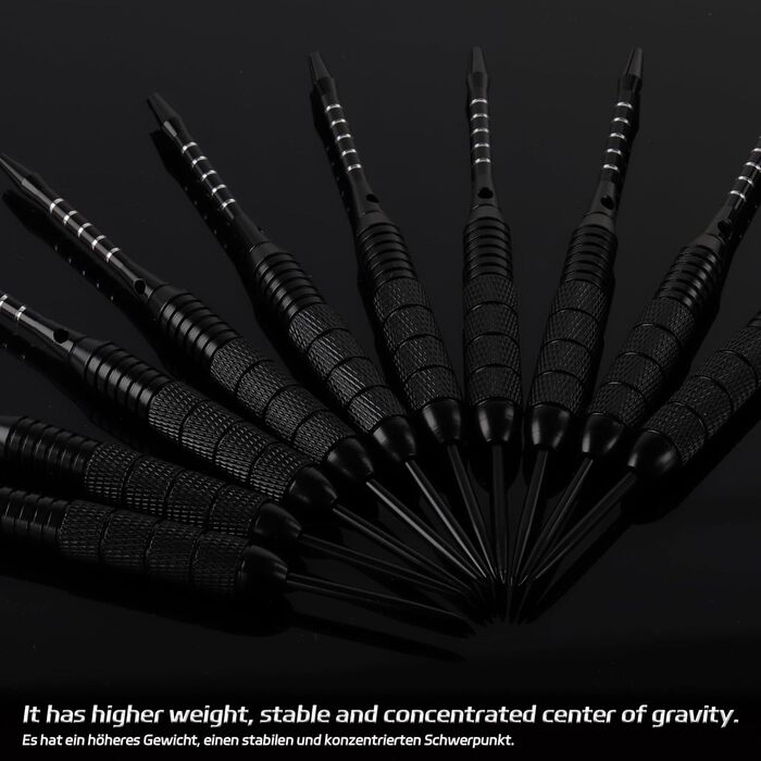 Професійні сталеві дротики CyeeLife з металевими наконечниками (12 шт.) + 24 пір'я + точилка, 22 г (Чорні)