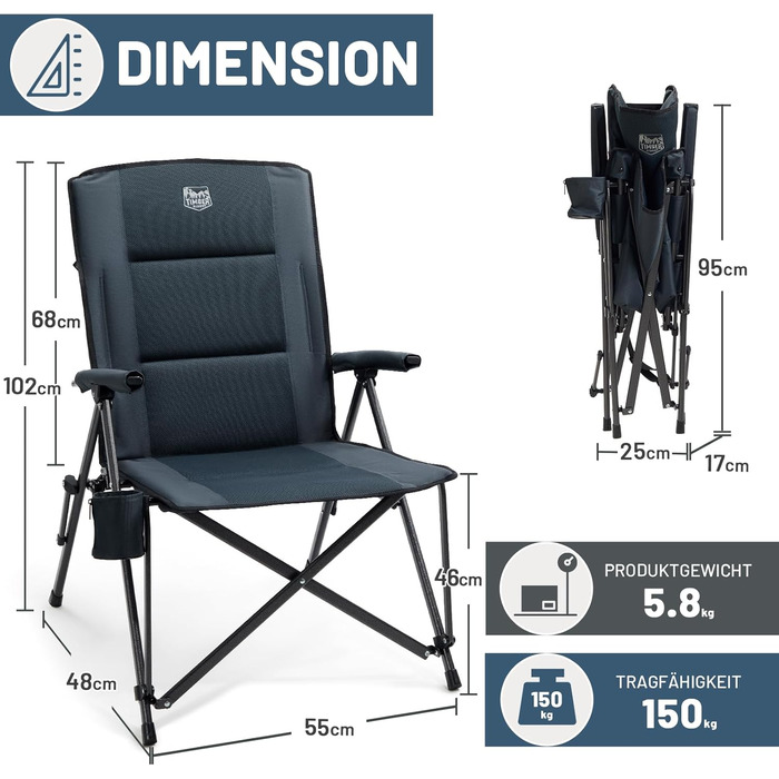 Крісло для кемпінгу Timber Ridge, складне, з високою спинкою XXL, 150 кг, широке сидіння 55 см, з підлокітником, для кемпінгу, саду, балкону