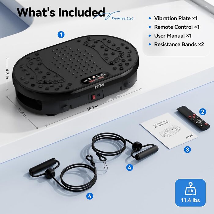 Вібраційна платформа для тренувань HTM з 120 рівнями швидкості, 9 програмами та пультом дистанційного керування - таймер на 15 хвилин, вантажопідйомність 136.1 кг, для загального тренування, жироспалювач, чорний