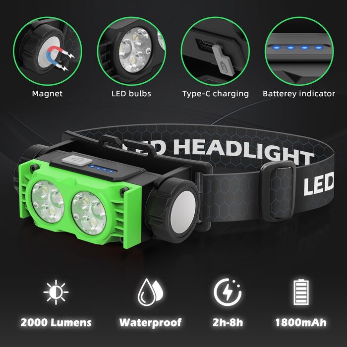 LED налобний ліхтар, 2 шт., 2000 люменів, перезарядна копія, 3 режими, водонепроникний, для риболовлі, бігу, кемпінгу (зелений)
