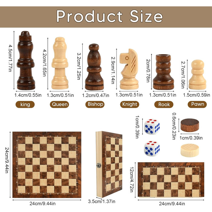 Шаховий набір дерев'яний 3 в 1 з шахами, шашками та настільною грою, преміум-якість, складаний, для дітей та дорослих, 24 см
