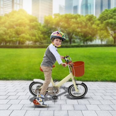 Дитячий велосипед 12 дюймів для дітей 2-4 років з кошиком та додатковими колесами, регульоване сидіння та кермо, подвійний режим гальма (жовтий)