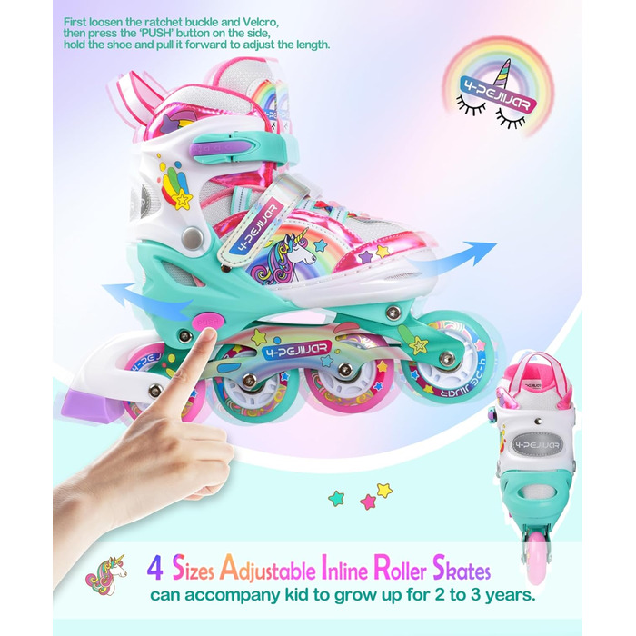 Інлайнерочки Єдиноріг для дівчаток, дитячі ролики, розмір регулюється, світлові колеса, рожево-фіолетовий колір, для початківців