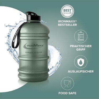Вода IronMaxx Gallon - 2200 мл | Без BPA та DEHP | Питною пляшка з мірною шкалою, вибір кольорів (Матвий мінеральний зелений)