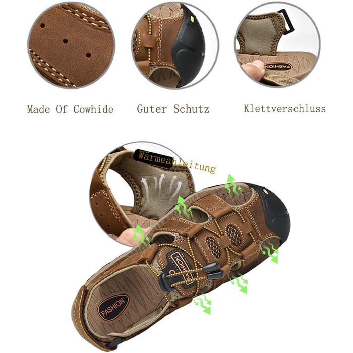 Чоловічі сандалі з натуральної шкіри для пляжу, піших прогулянок та туризму. Легкі, дихаючі сандалі для активного відпочинку та риболовлі. Розмір 43 EU, колір коричневий.