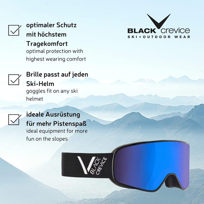 Лижна маска Black Crevice Schladming для чоловіків та жінок, подвійна ударостійка лінза, антифог, UV 400, регульований розмір, різні кольори (синій/помаранчевий/зелений), L (обхват голови 58-61 см)