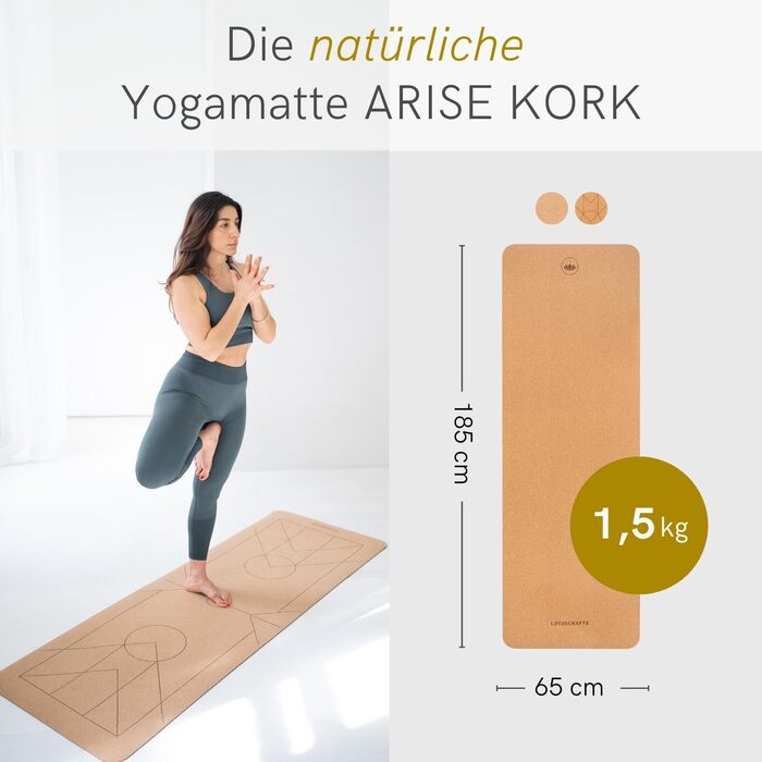 Йога мат Lotuscrafts® Arise з корку та натурального каучуку, антиковзка, для гарячої йоги, 185 x 65 x 0,4 см