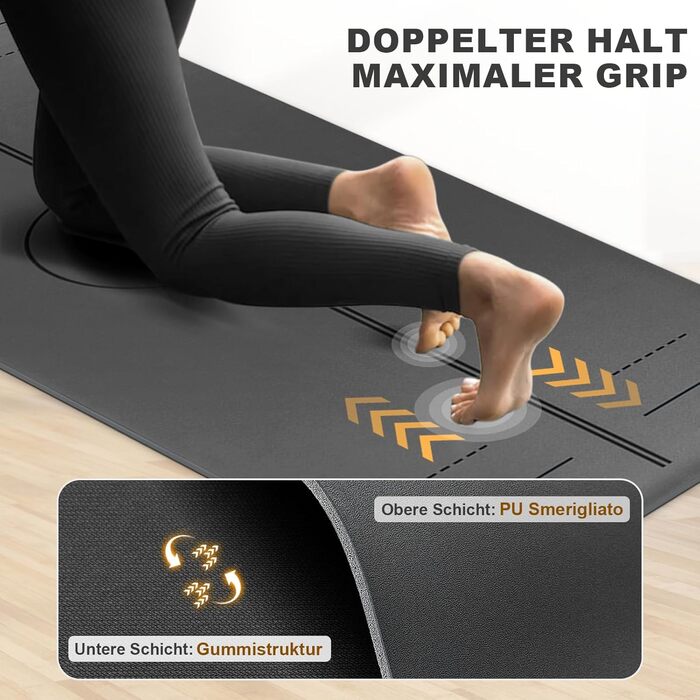 Протиковзкий килимок для йоги, пілатесу та фітнесу з еко-натурального каучуку та TPE, з лініями розмітки та ременем для перенесення, темно-сірий, 4 мм