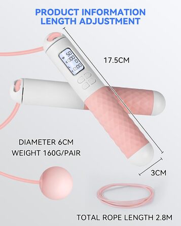 Стрибкове канат iMoebel з лічильником, регульований, швидкозмінний, сталевий трос, антиковзні ручки, підрахунок калорій, таймер для фітнесу, боксу, схуднення, кросфіту, рожево-білий
