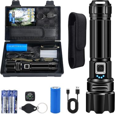 Ліхтар LED акумуляторний 500000 люмен, тактичний, потужний, IP67, водонепроникний, для кемпінгу, туризму, риболовлі, з чохлом та компасом