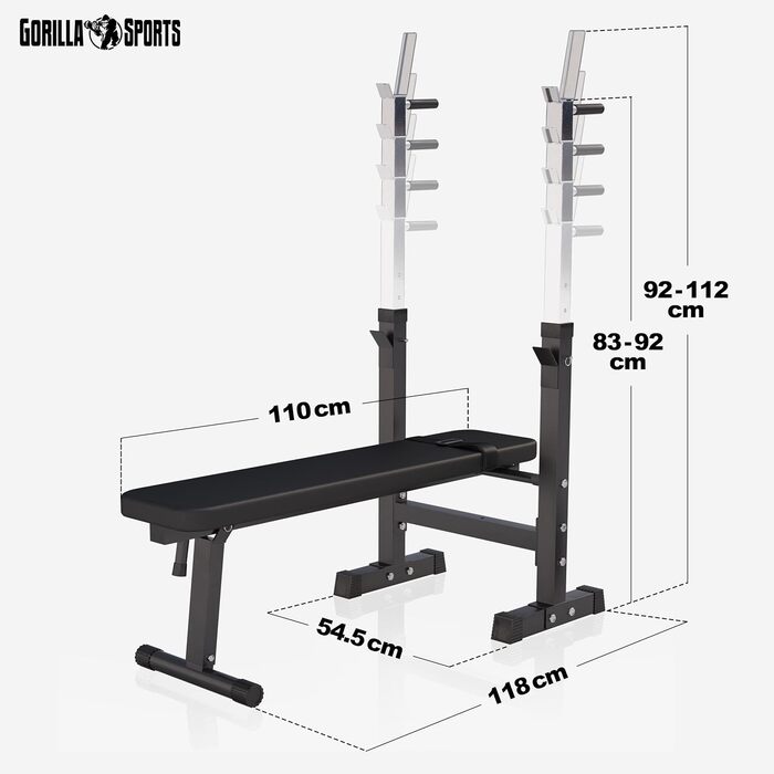 GORILLA SPORTS® Лава для жиму з підставкою, багатофункціональна, регульована висота і кут нахилу, складана, до 200 кг, чорна або біла – тренувальна лава для жиму, фітнесу, пресу