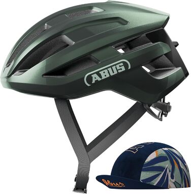 Велошолом ABUS PowerDome ACE для шосейного велосипеда, зелений мох, S (51-55 см), легкий, з вентиляцією, у комплекті з кепкою, для чоловіків та жінок, Made in Italy