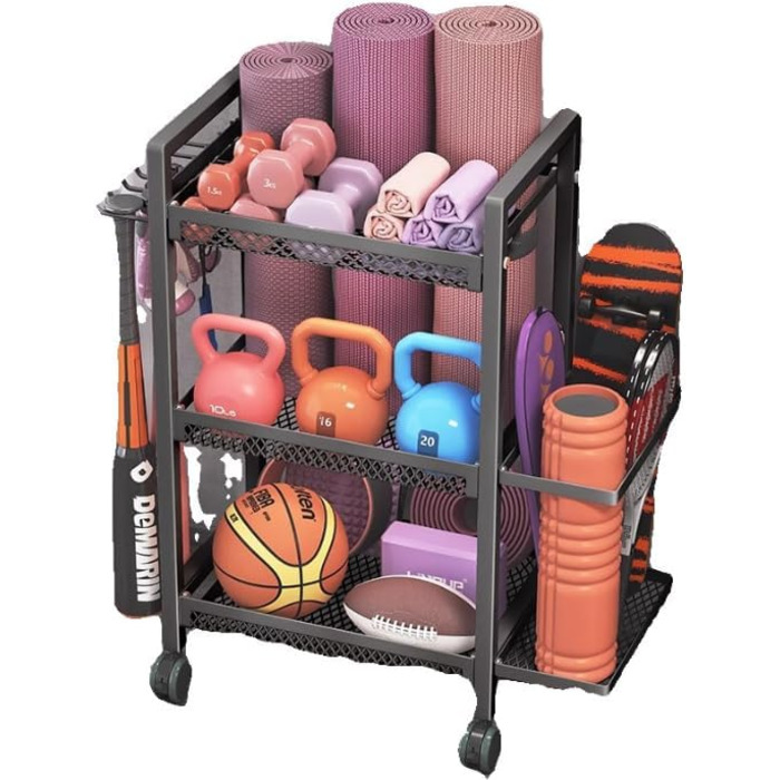 Стійка для гантелей на 3 яруси з роликами – органайзер для йогаматів та спортивного інвентарю, чорний. Підходить для дому та вулиці.