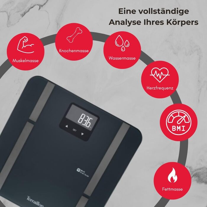 Вага TERRAILLON MASTER FIT ULTRA з підключенням Wi-Fi, аналіз складу тіла (жир, м'язи, вода, кістки, вісцеральний жир), BMI, щоденна калорійність