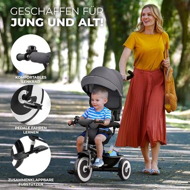Дитячий триколісний велосипед Kinderkraft ASTON з ручкою для батьків, поворотним сидінням, сонцезахисним козирком, підсклянником і кошиком, для дітей від 9 місяців до 25 кг, сірий