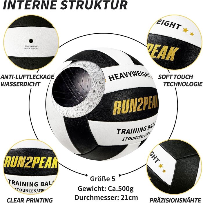 Волейбольний м'яч RUN2PEAK 0,5 кг для тренувань, розмір 5, важкий, для сеттерів, чорний/білий/золотий