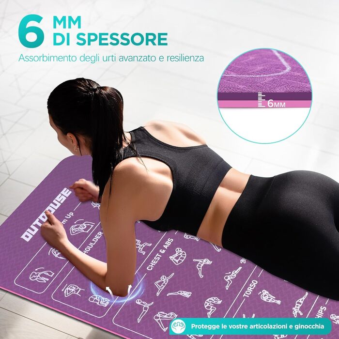 Килимок для йоги Sportmatte – 70 з друкованими позами йоги, неслизький матеріал TPE, для гімнастики, пілатесу, дому та подорожей, фітнес килимок для жінок та чоловіків, 181x63x0,6 см, рожевий та фіолетовий