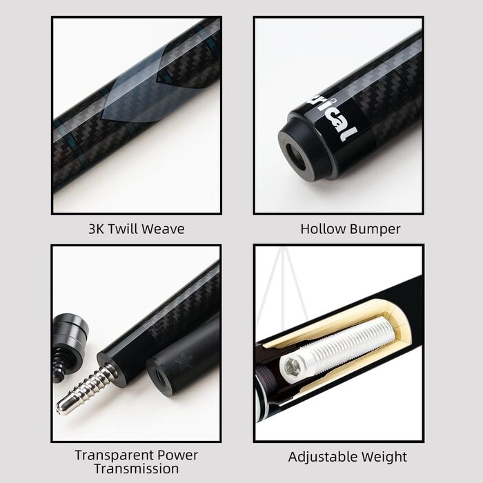 CRICAL Більярдний кий з карбону, 147 см, професійний, з'єднання 3/8 x 8, наконечник 12.5 мм, CL-01 Set