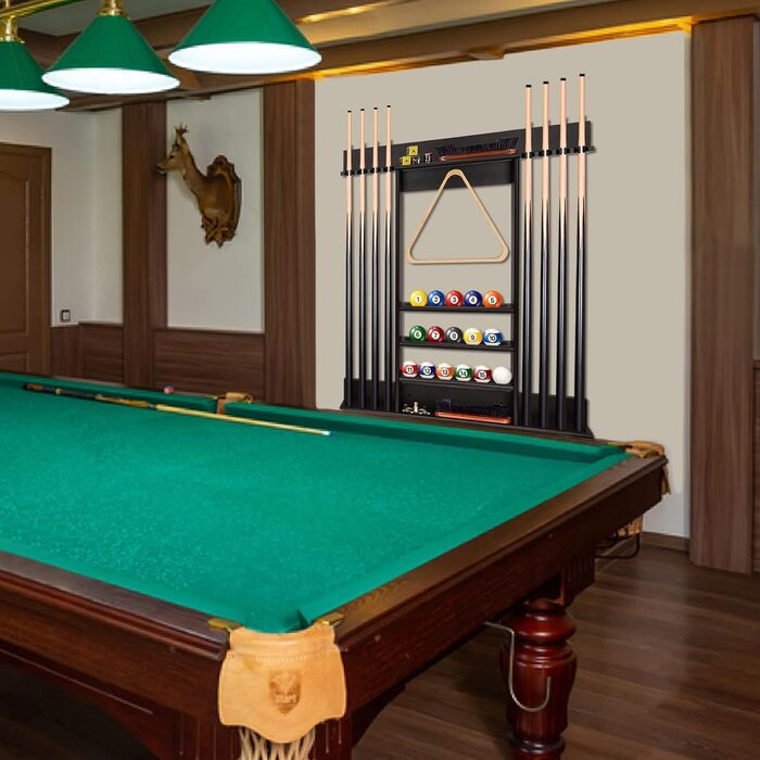 Стенд для київ та м'ячів для більярдного столу, бамбуковий, на 8 київ, з набором куль, органайзер для більярдного залу або клубу, темно-коричневий