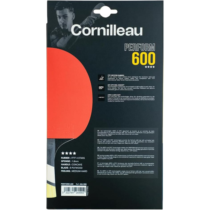 Набір для пінг-понгу Cornilleau Perform 600 – збалансований, для швидкості та обертання, ITTF 4 зірки, AERO-технологія, 5-шарове дерево
