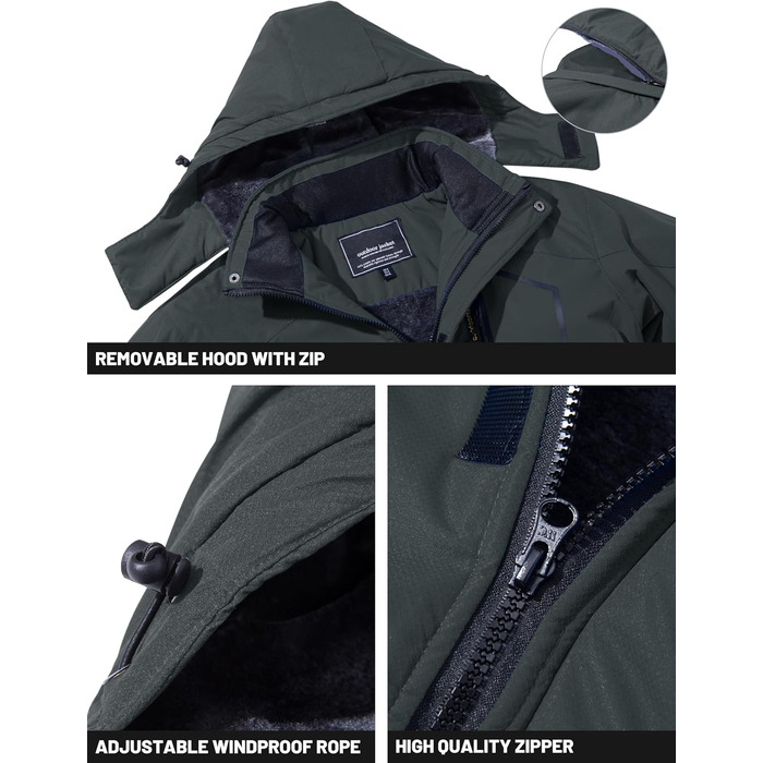 TACVASEN чоловіча зимова водонепроникна вітрозахисна куртка з флісовою підкладкою, для катання на лижах, водонепроникний дощовик з капюшоном, армійного кольору (XXL, вугільно-сірий)